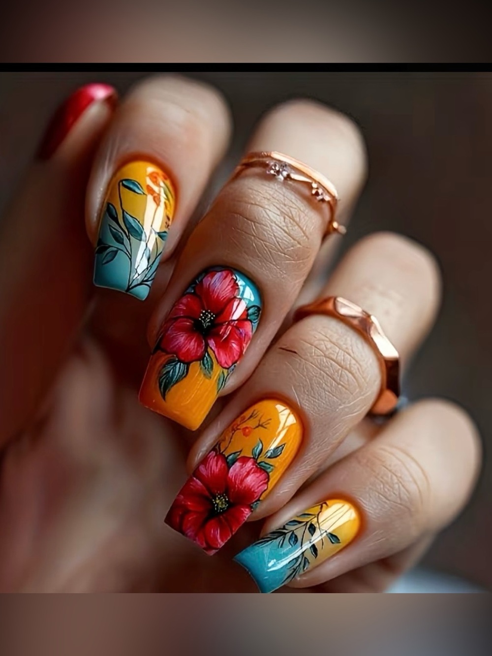 🌺 24 Pcs Tropical Hibiscus Flower Medium Square Style Press on Nails Fake Nails